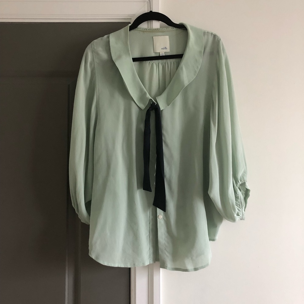 Anthropologie mint green tie blouse button down